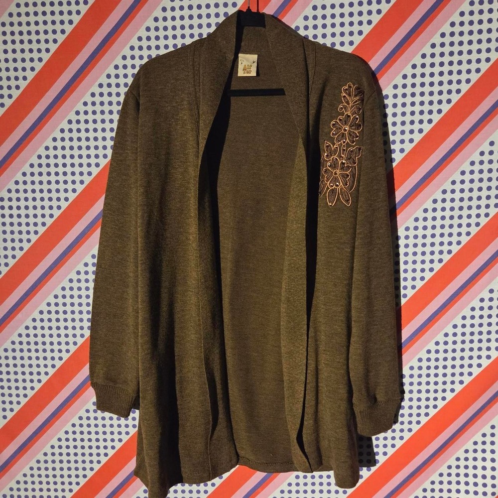 Alf Ter Womens Olive Green Floral Embroidered Open Front Knit Cardigan Sweater